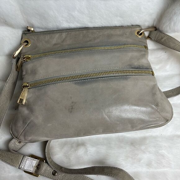 Hobo Mission leather light gray crossbody bag with bold gold tone hardwa…